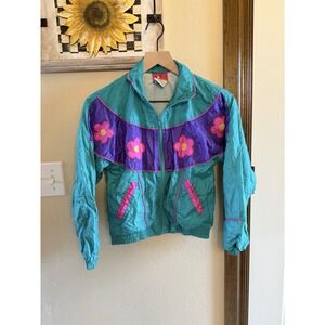 Vintage Kids Youth M Windbreaker Bold Teal Blue Hot Pink Embroidered Floral